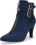 Women'S Pointed Toe Metal Buckle Two Strap Ankle Booties Side Zipper Kitten Heel Dress Classic Short Boots
