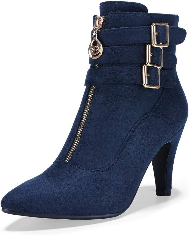 Women'S Pointed Toe Metal Buckle Two Strap Ankle Booties Side Zipper Kitten Heel Dress Classic Short Boots
