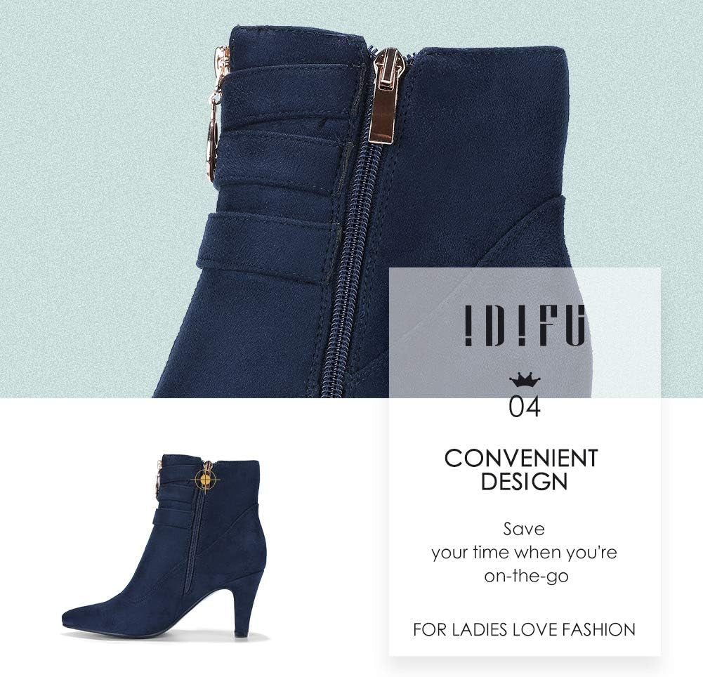 Women'S Pointed Toe Metal Buckle Two Strap Ankle Booties Side Zipper Kitten Heel Dress Classic Short Boots