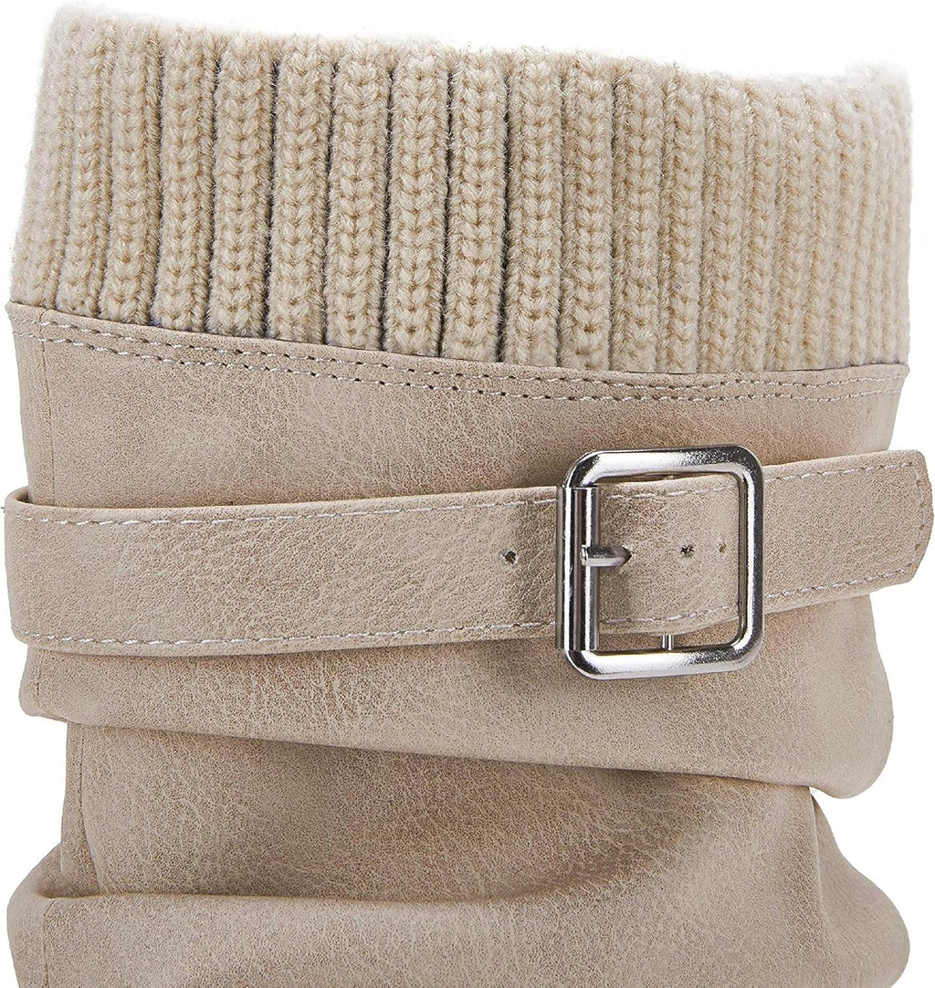 Womens Winter Mid Calf Slouchy Low Chunky Block Heel Faux Leather Buckle Strap Snow Booties